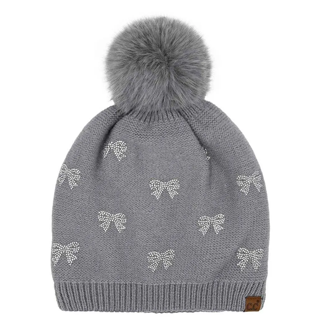 All over Rhinestone Mini Bow Pom Pom Beanie