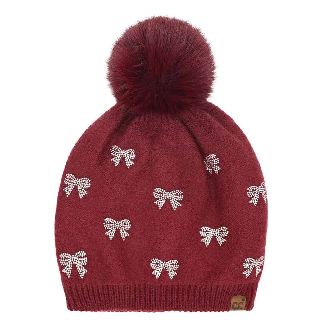 All over Rhinestone Mini Bow Pom Pom Beanie
