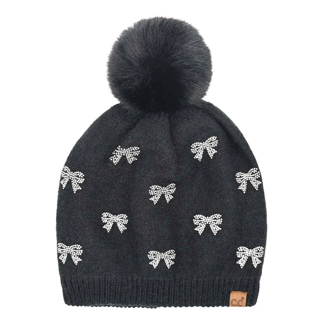 All over Rhinestone Mini Bow Pom Pom Beanie