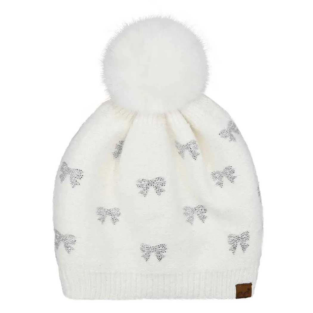 All over Rhinestone Mini Bow Pom Pom Beanie