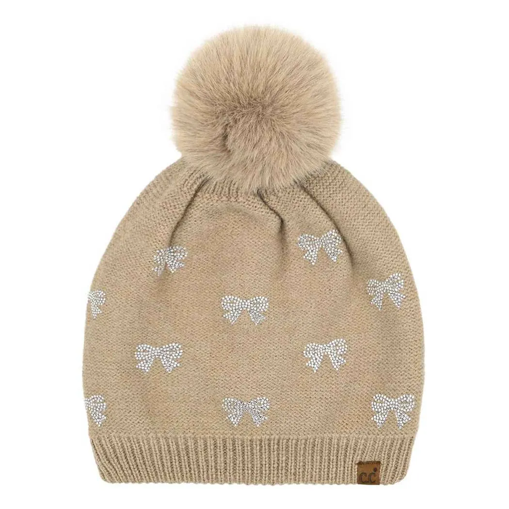 All over Rhinestone Mini Bow Pom Pom Beanie