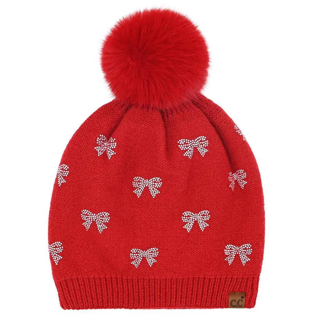 All over Rhinestone Mini Bow Pom Pom Beanie