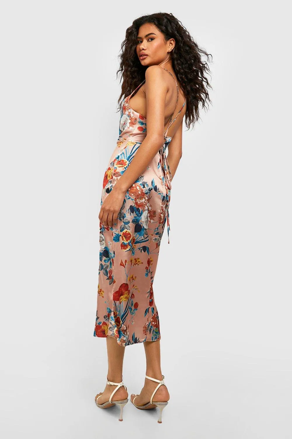 Boohoo Satin Floral Cowl Flute Nim Slip Dress, Gold