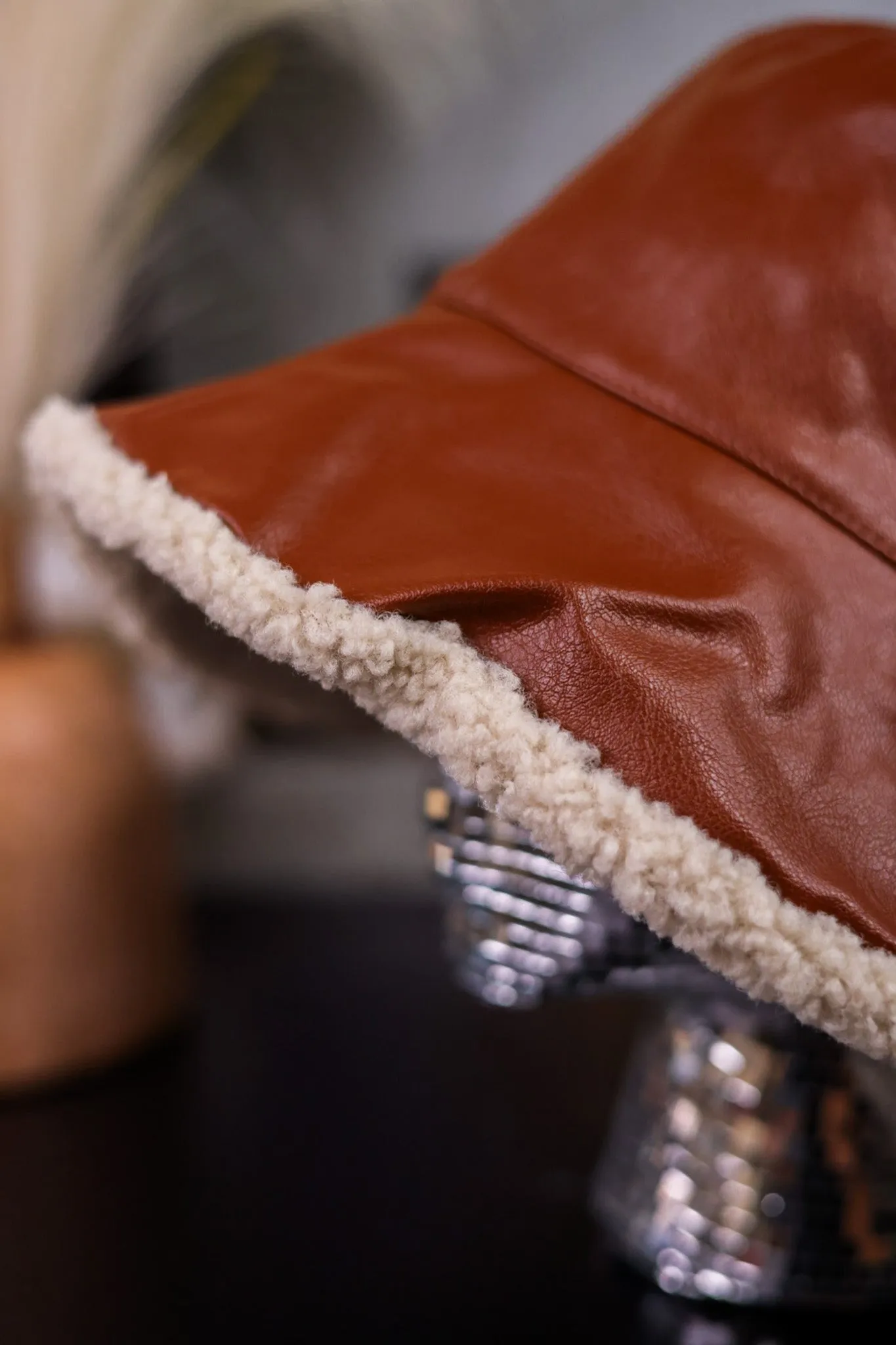 Brown Faux Leather Bucket Hat with Sherpa Lining