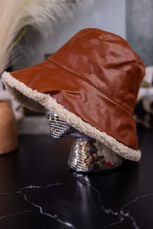 Brown Faux Leather Bucket Hat with Sherpa Lining