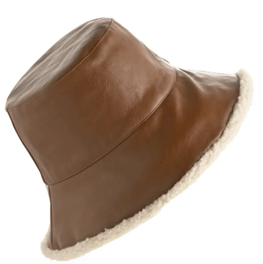 Brown Faux Leather Bucket Hat with Sherpa Lining