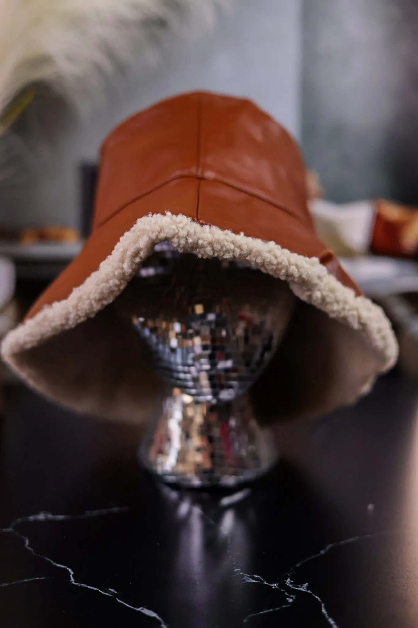 Brown Faux Leather Bucket Hat with Sherpa Lining