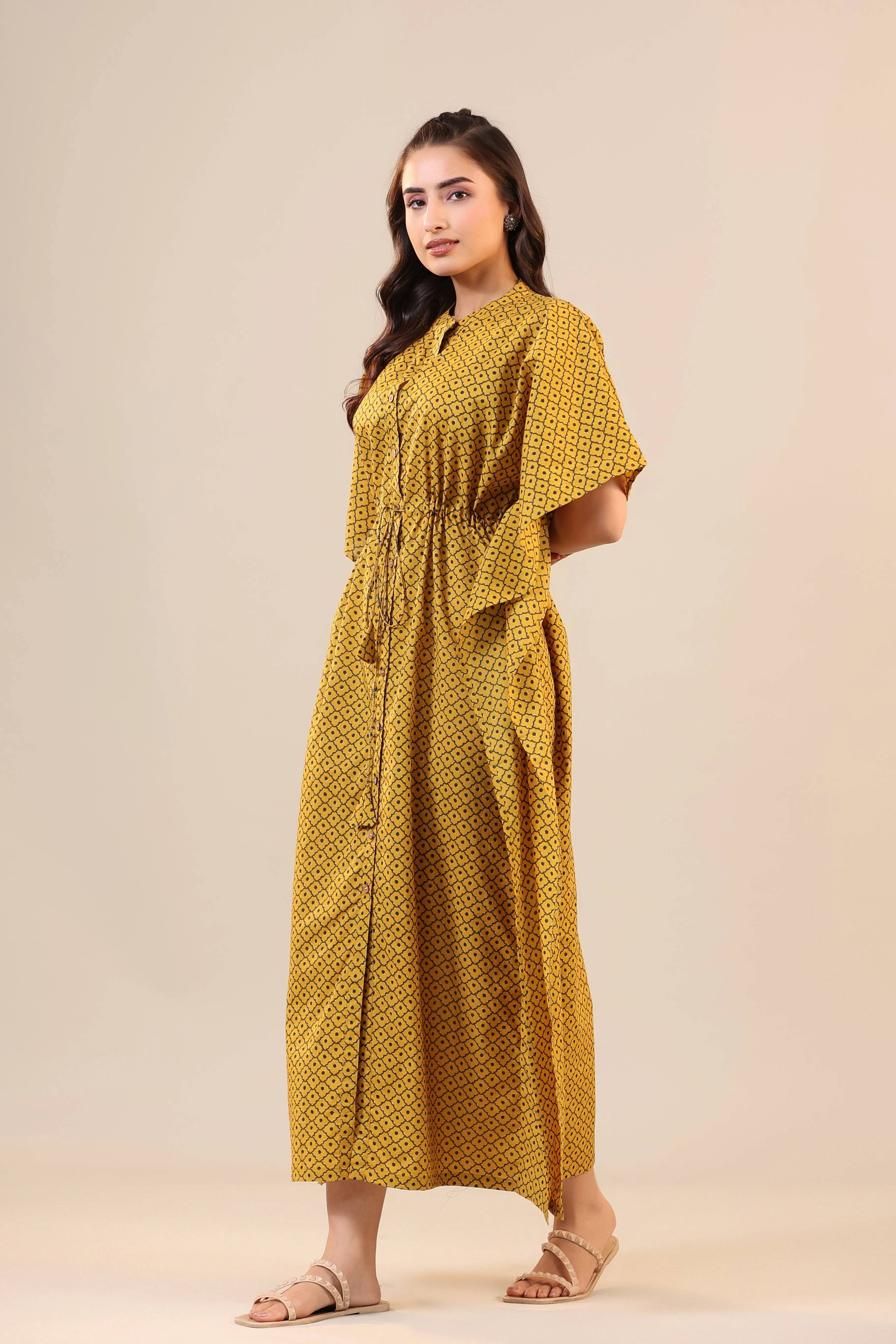 Checkered Dots on Mustard Front Buttoned Kaftan