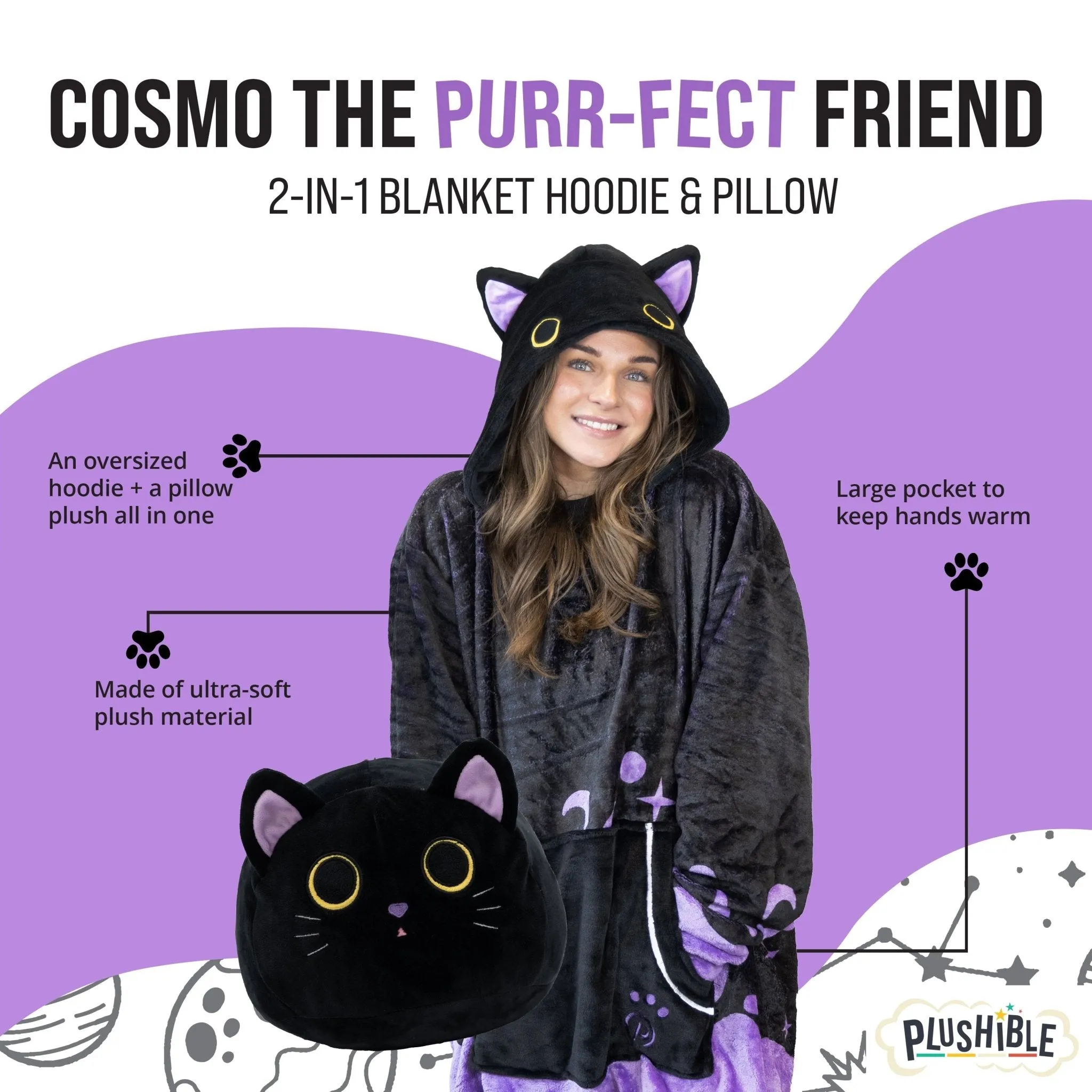 Cosmo the Black Cat Snugible | Blanket Hoodie & Pillow