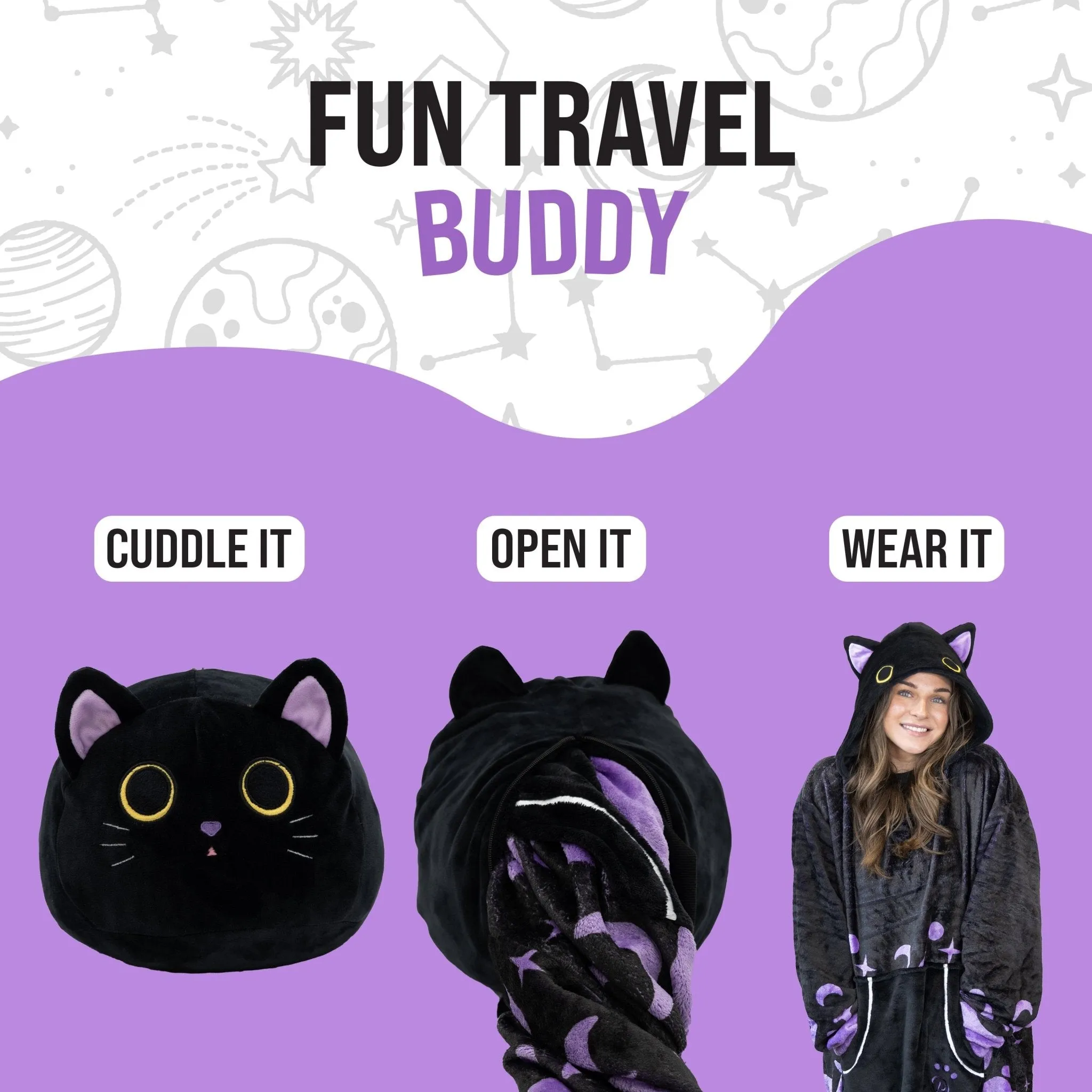 Cosmo the Black Cat Snugible | Blanket Hoodie & Pillow