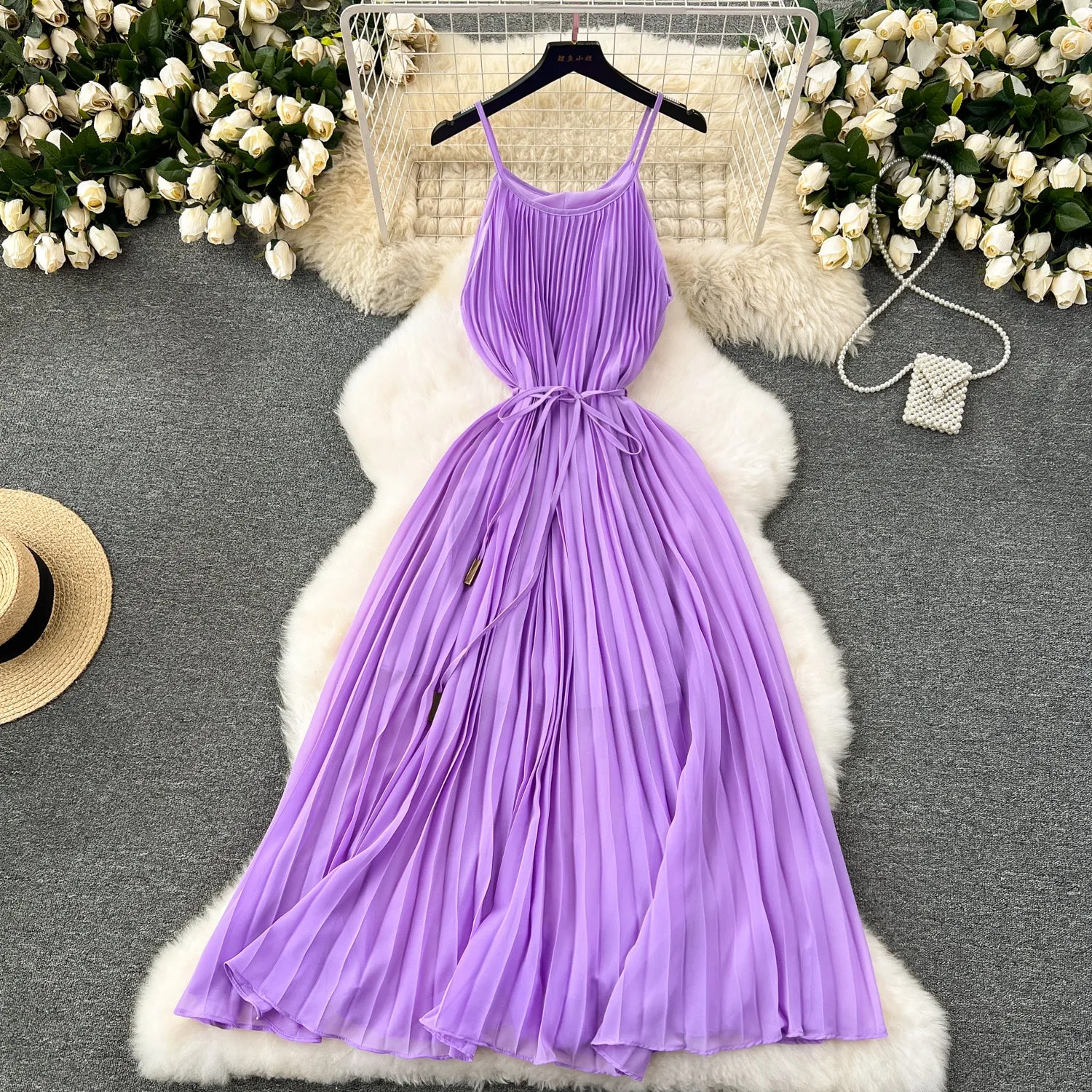 Elegant Pleated Purple Slip Dress