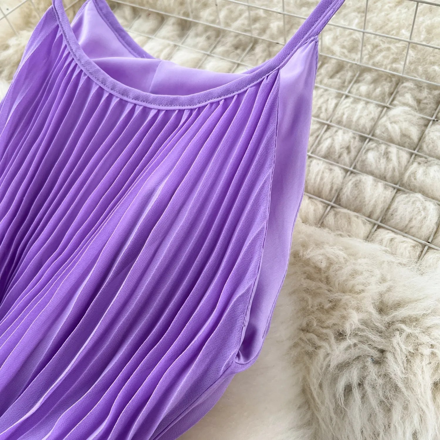 Elegant Pleated Purple Slip Dress