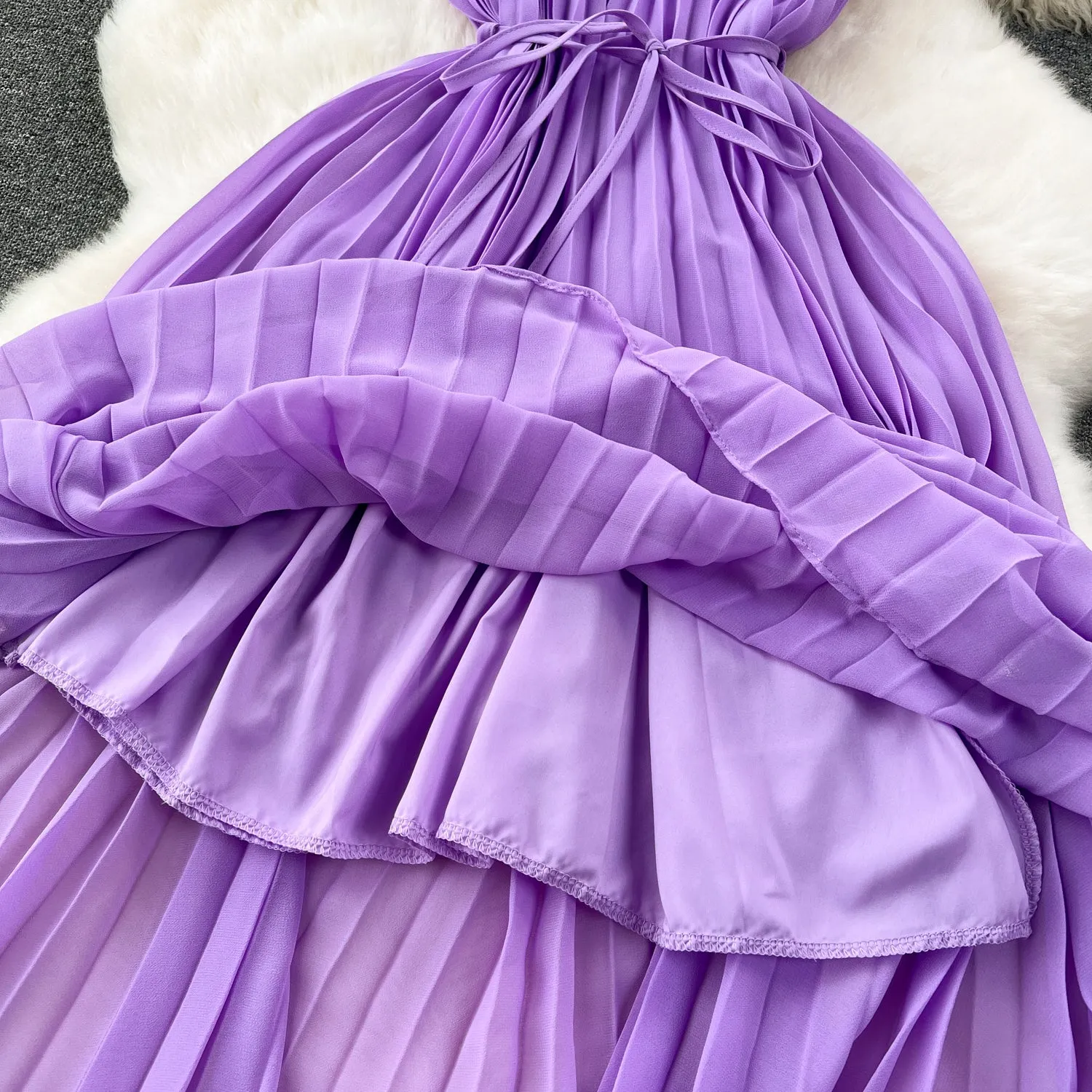 Elegant Pleated Purple Slip Dress