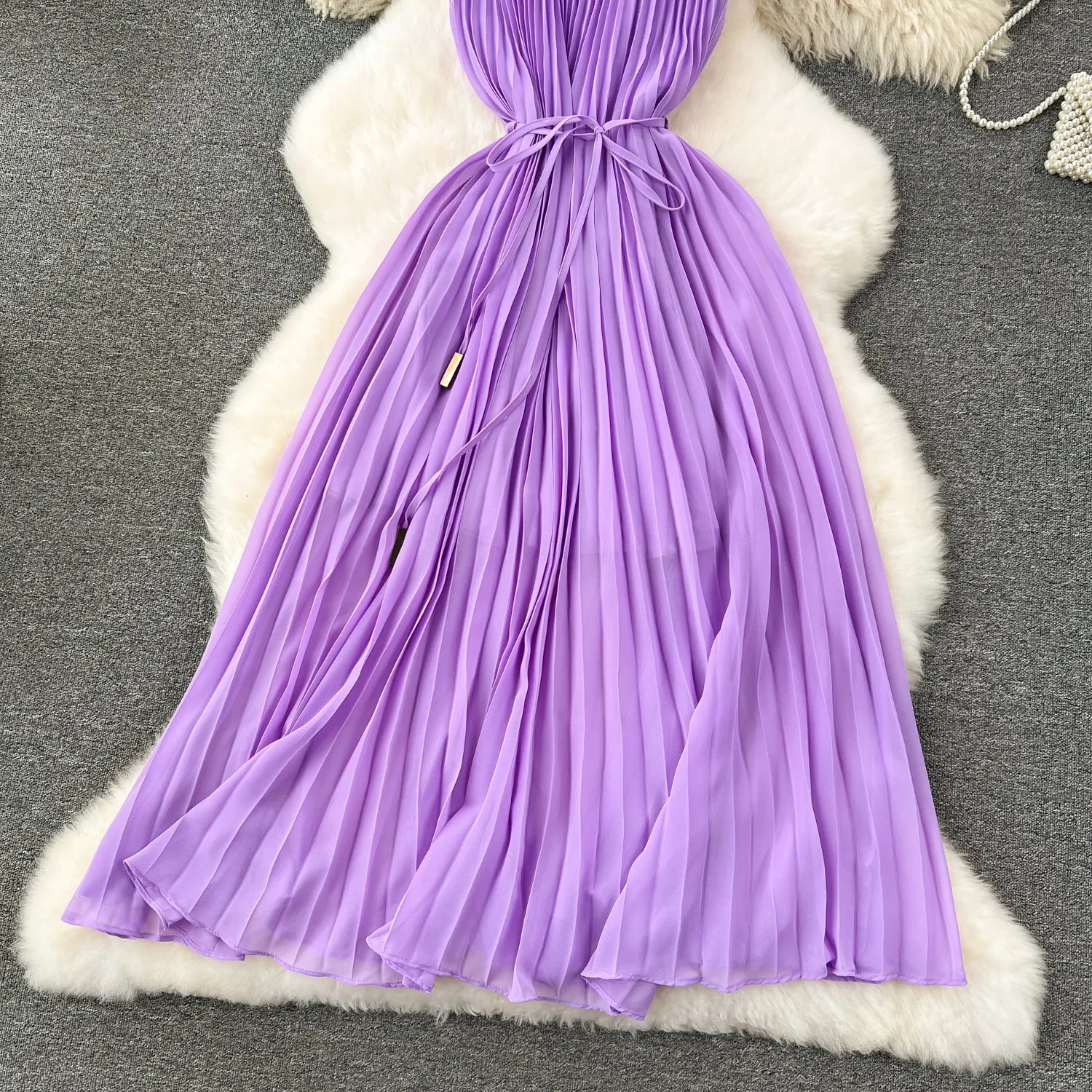 Elegant Pleated Purple Slip Dress
