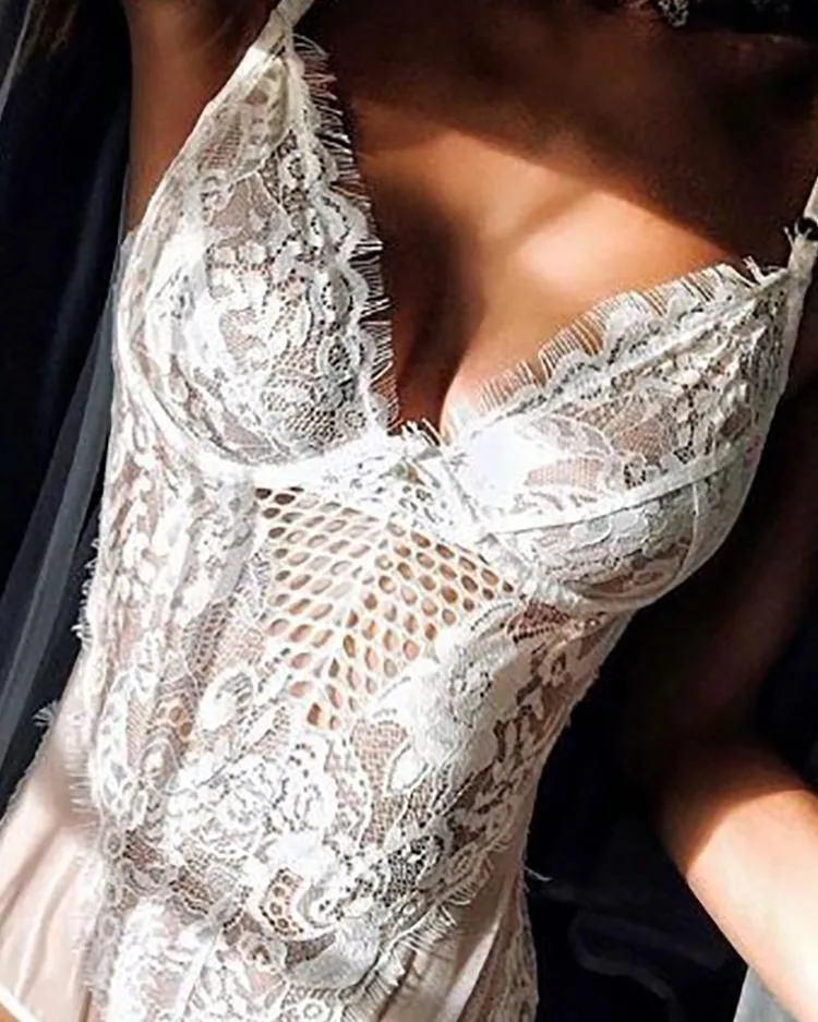 Eyelash Lace Hollow Out Sheer Mesh Teddy