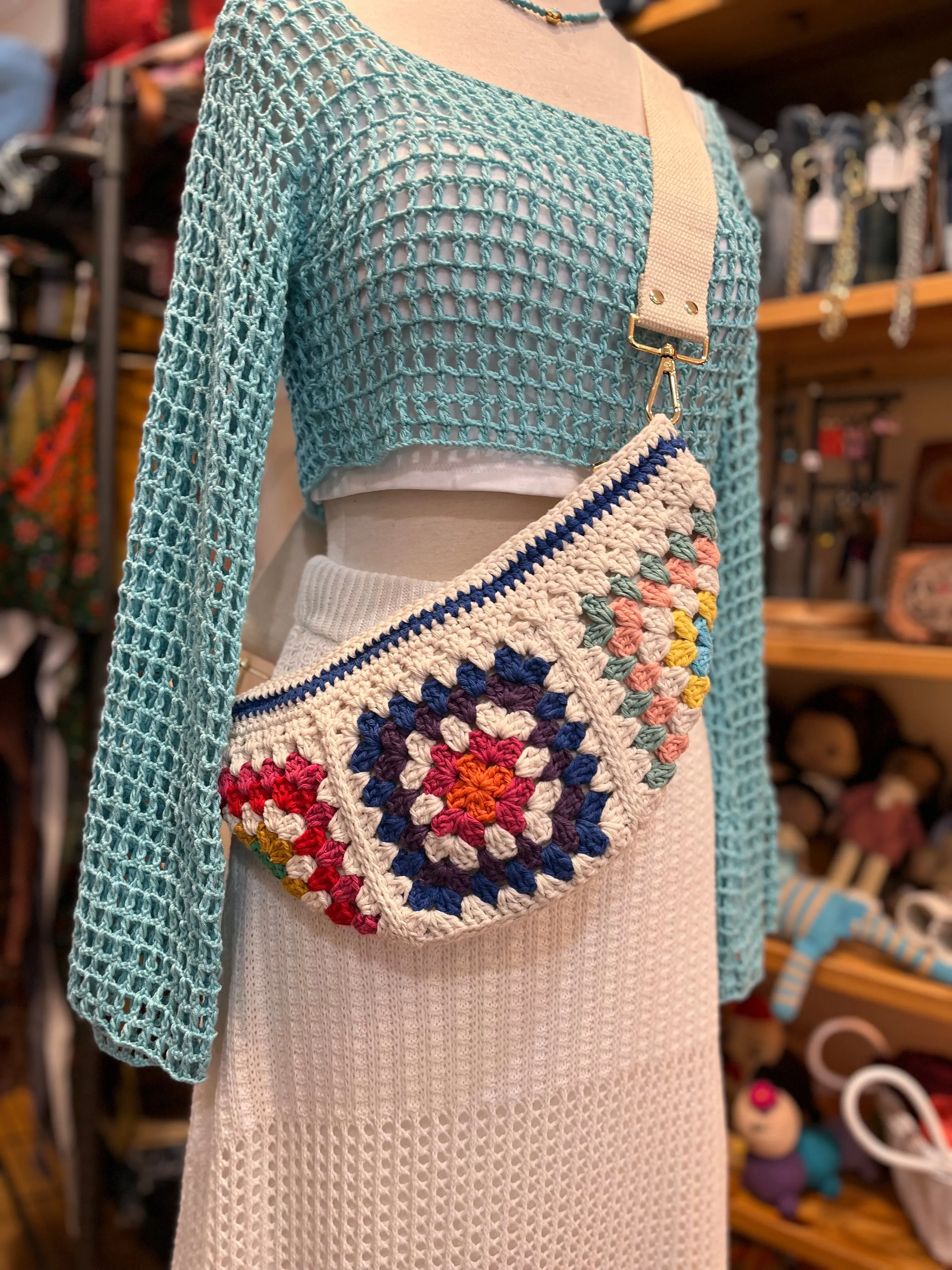 Hand Crochet Crossbody Adjustable Bag Dark Blue