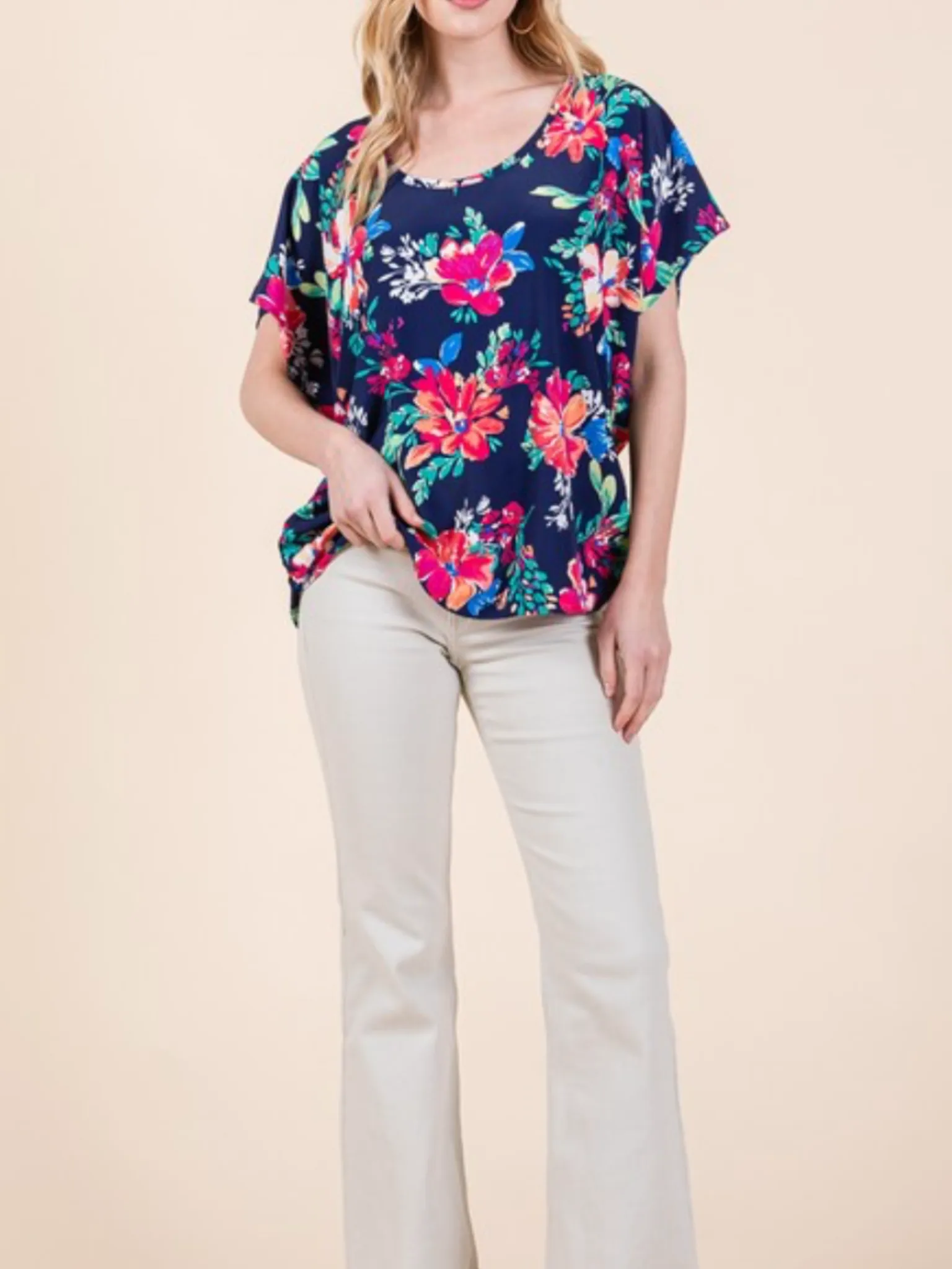 Kelly Floral Ruched Top - Navy Blue