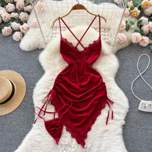 Lace Deep V-neck Velvet Slip Dress