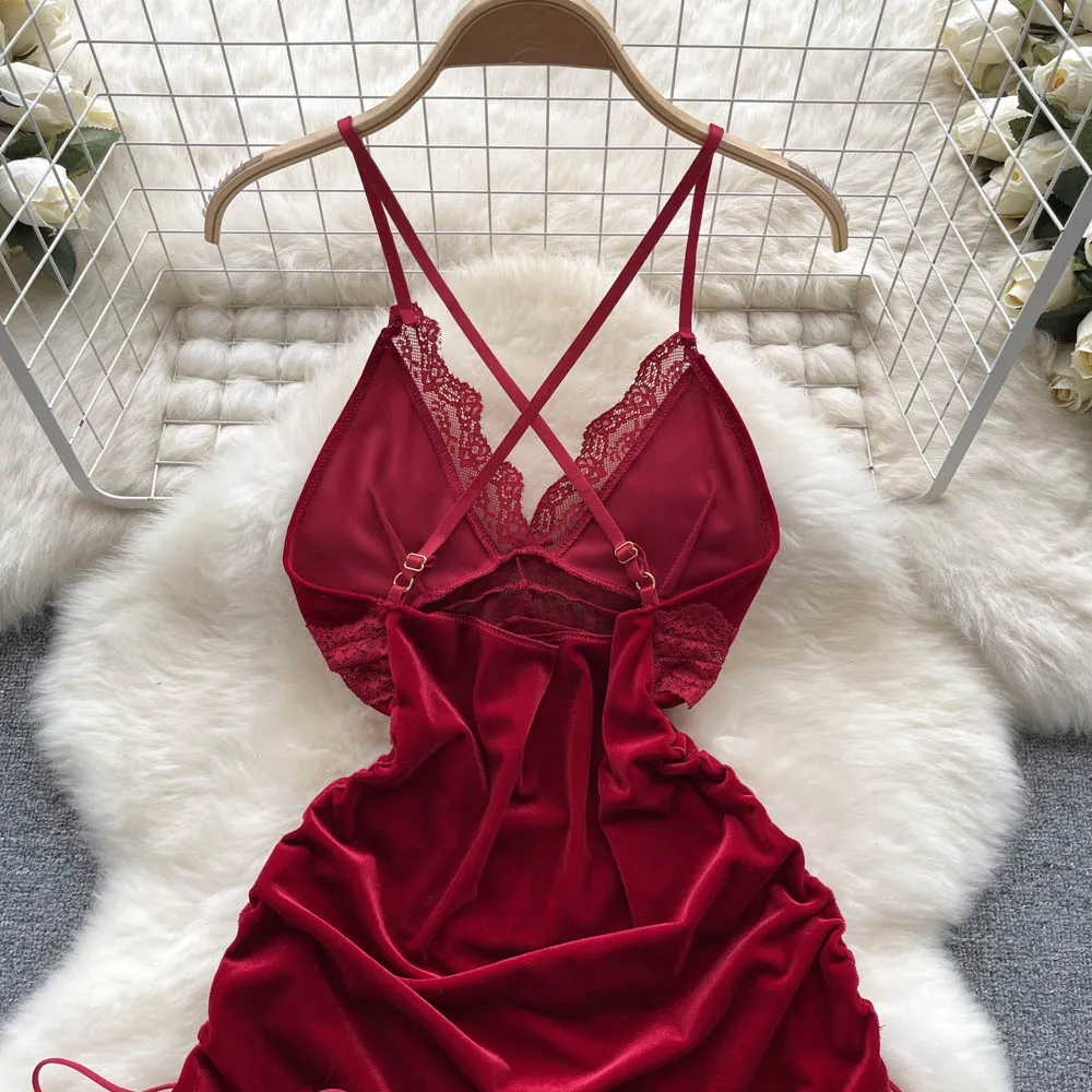 Lace Deep V-neck Velvet Slip Dress