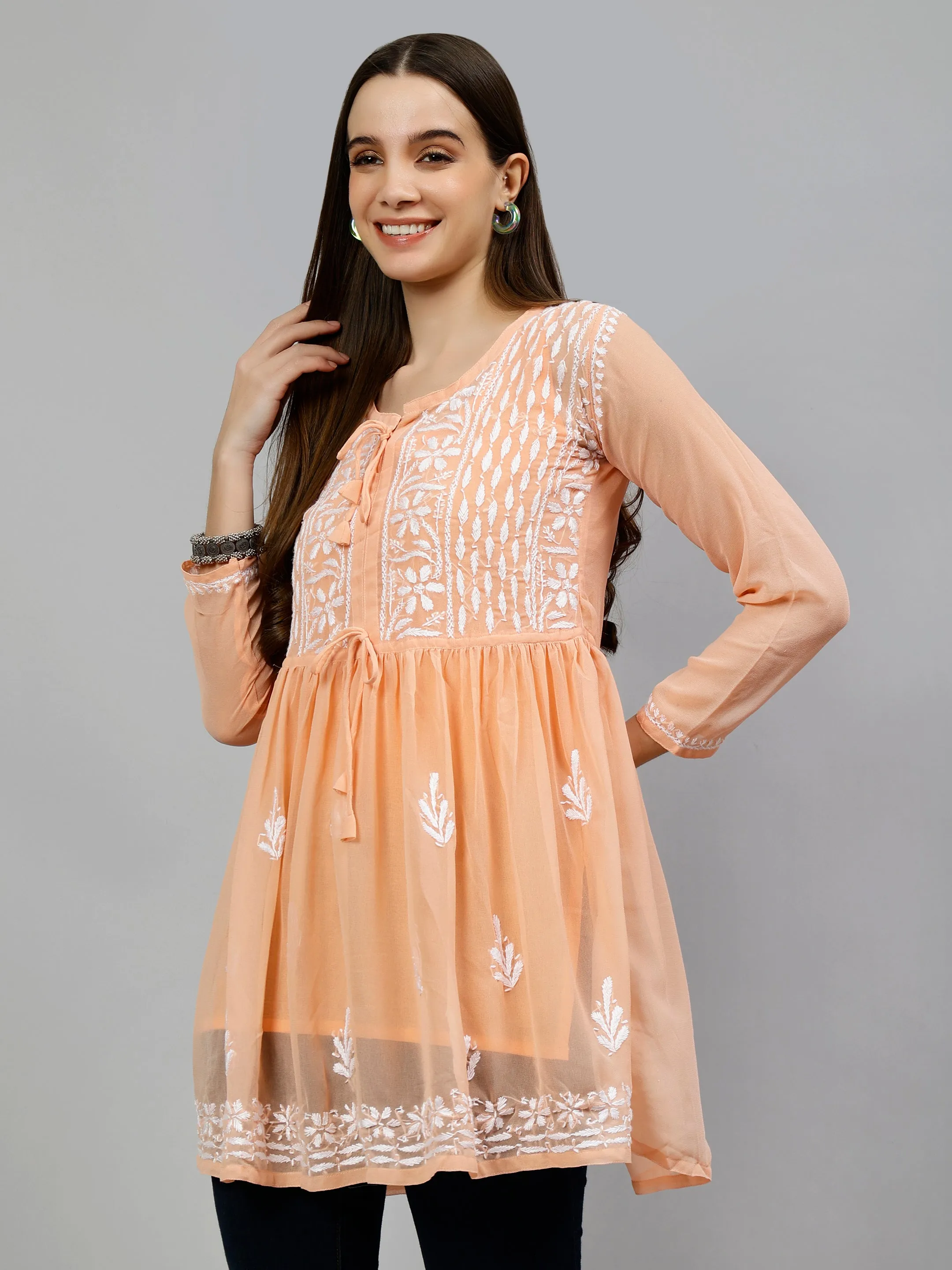 Light Apricot Peach Georgette Chikankari Frock Top with Slip