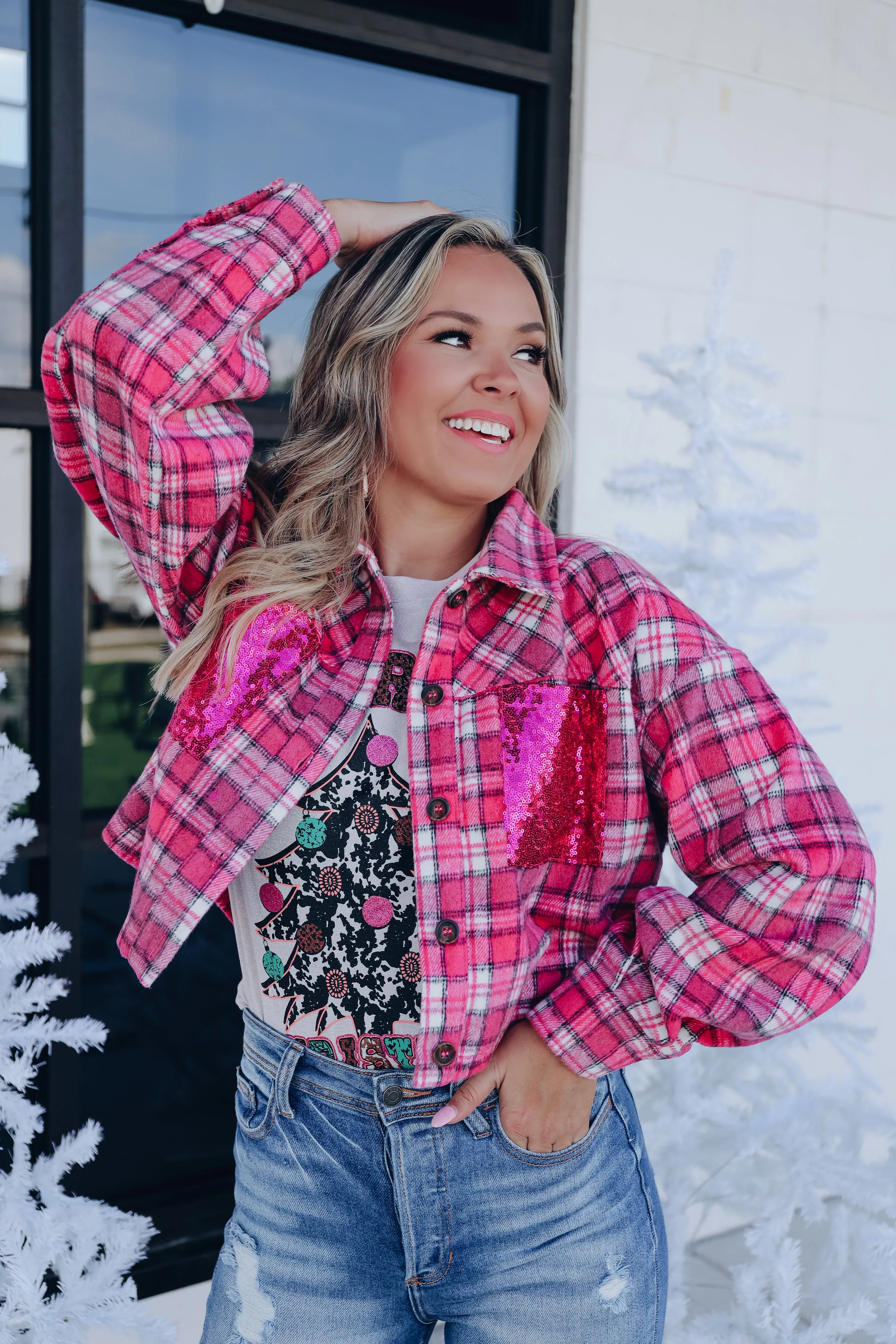 Lil' Bit Girly Sequin Cropped Shacket - Pink