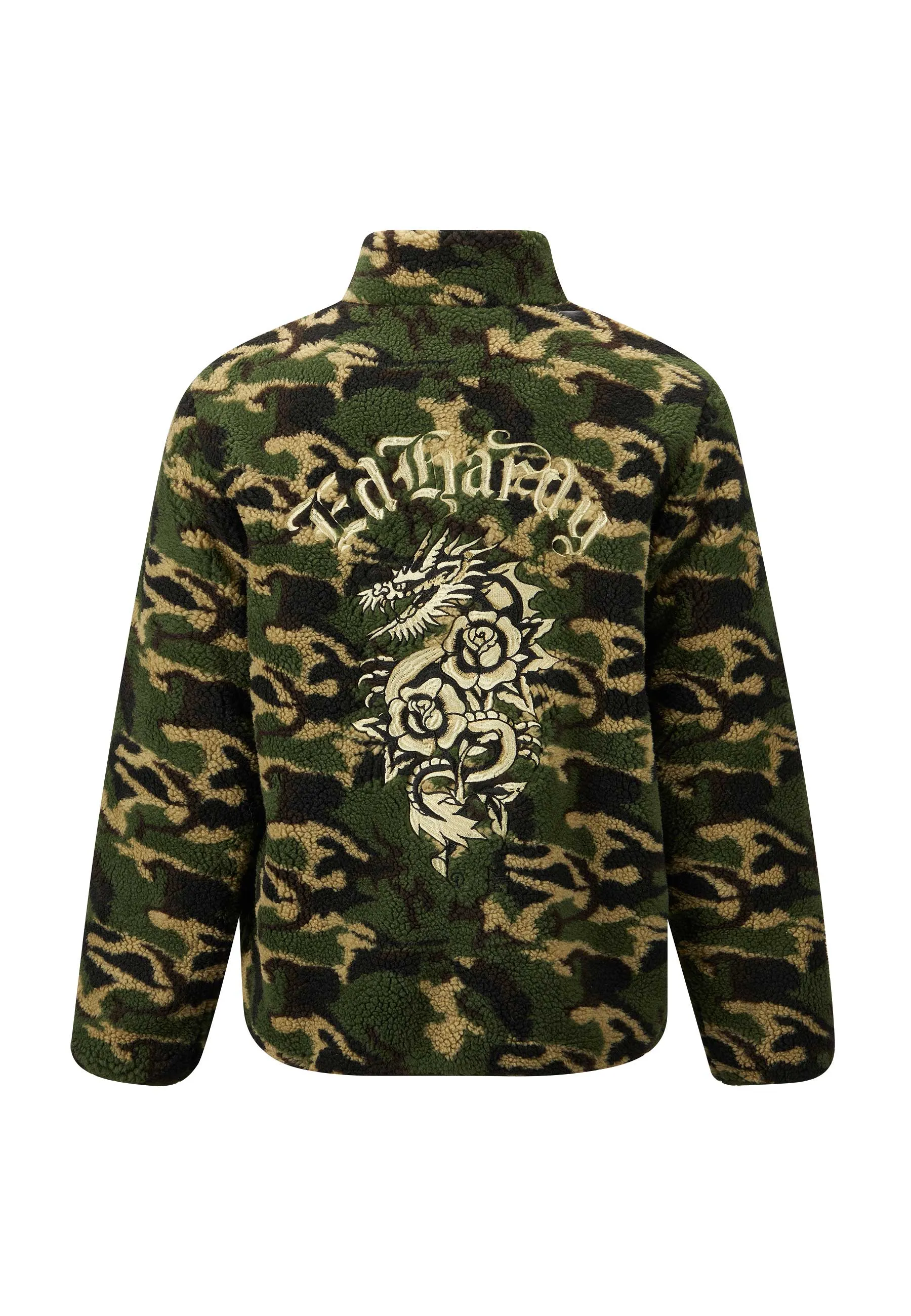 Mens Dragon & Rose Camo Zip Thru Borg Fleece Jacket - Green Camo