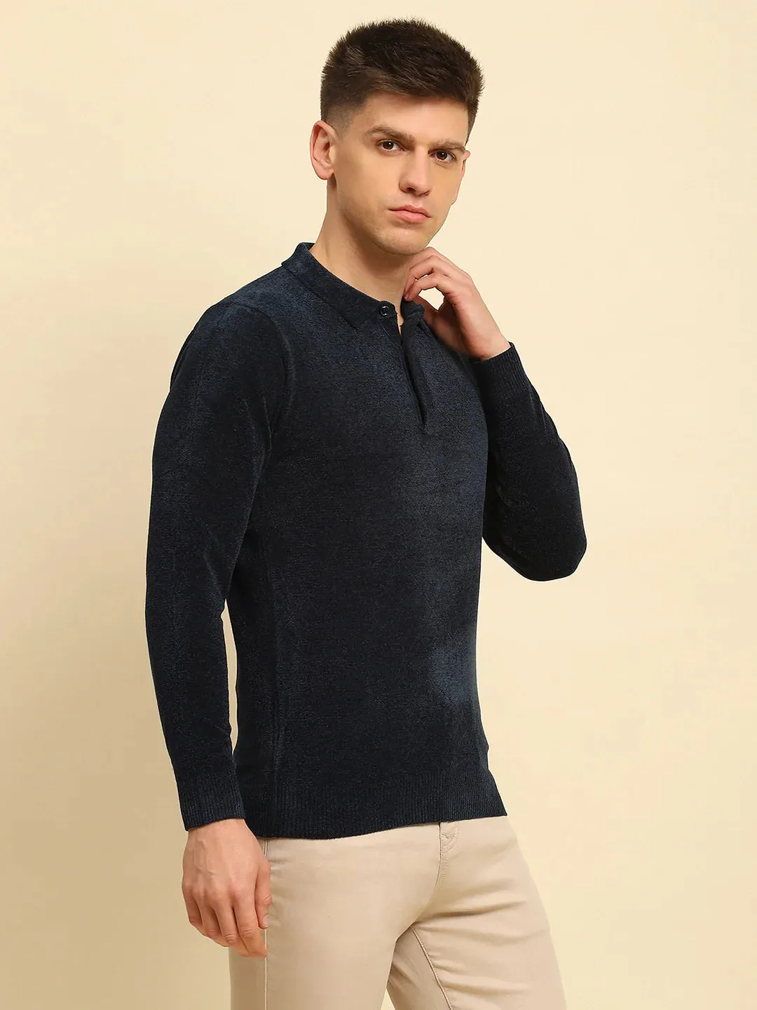 Navy Blue Velvet Blend Solid Regular Fit Pullover
