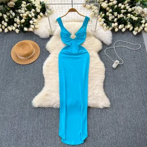 Niche Hollowed Solid Color Slip Dress