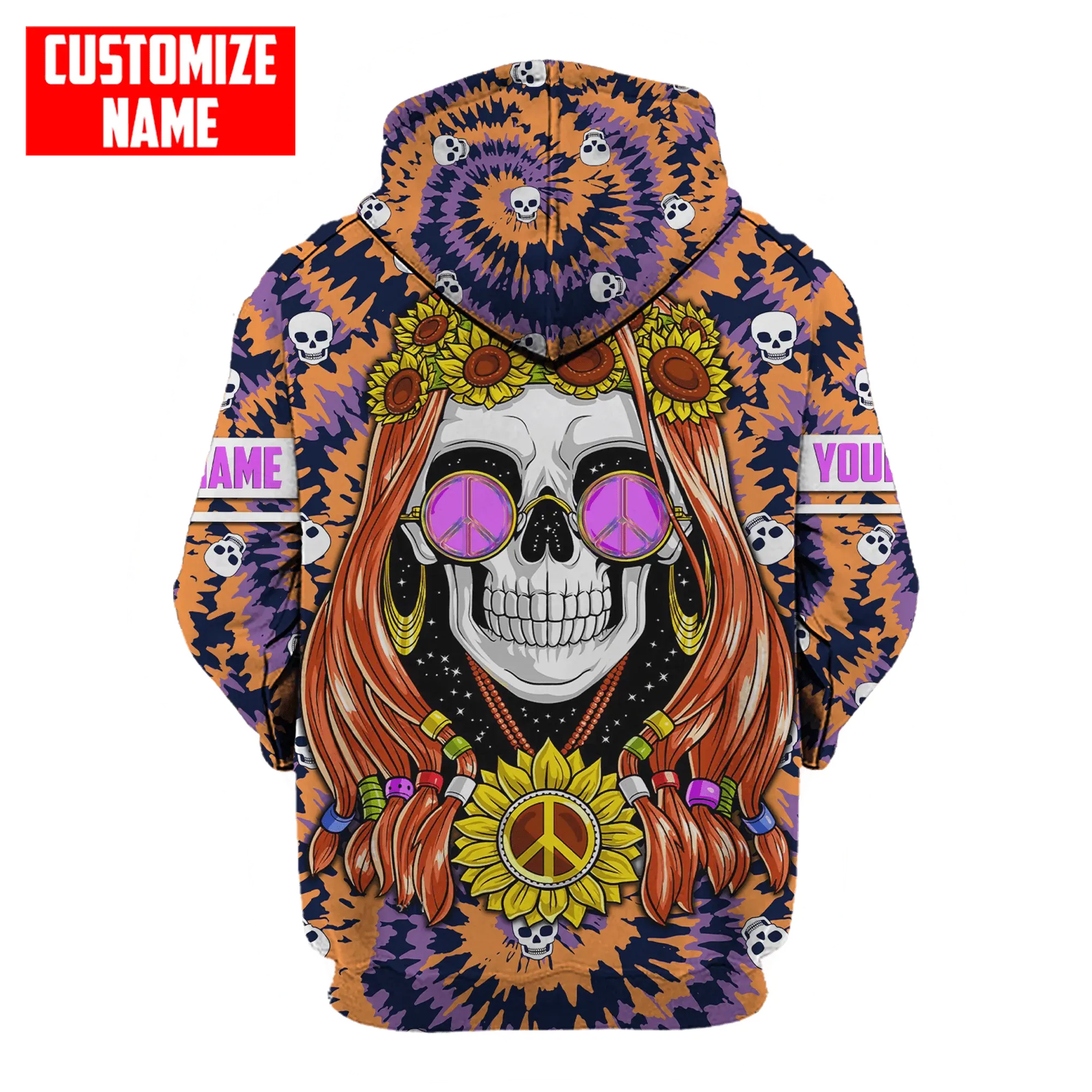 Personalized Name Skull Hippie Girl With Sunflower Peace Sign 3D Printed Unisex Hoodie