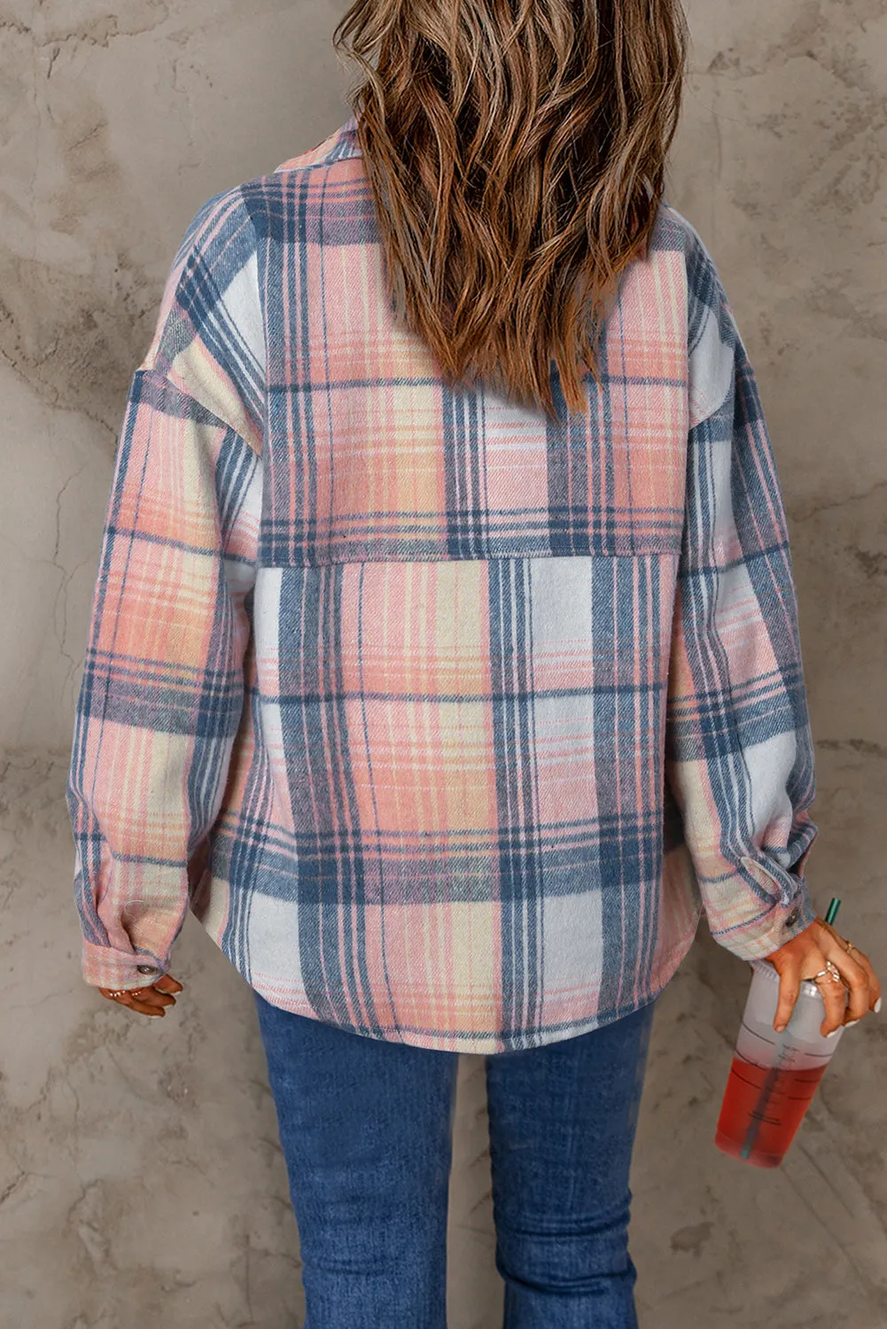 Pink Black Plaid Flap Pockets Shacket
