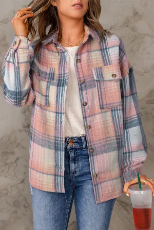 Pink Black Plaid Flap Pockets Shacket