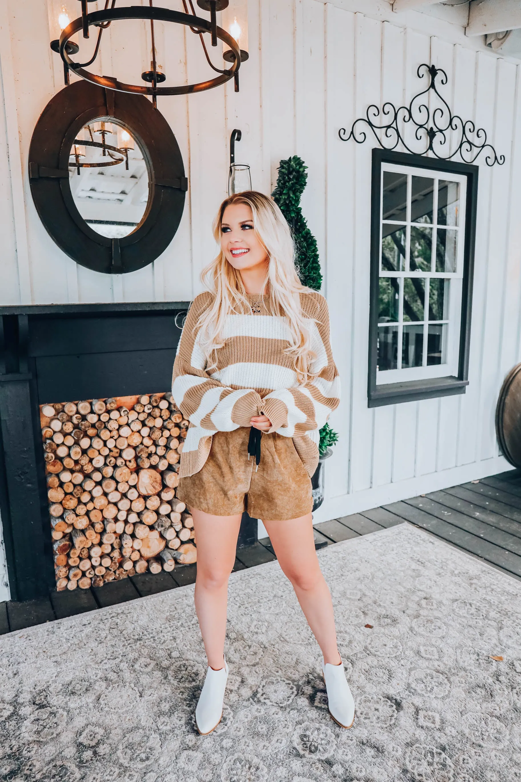 Puff Sleeve Striped Sweater - Beige