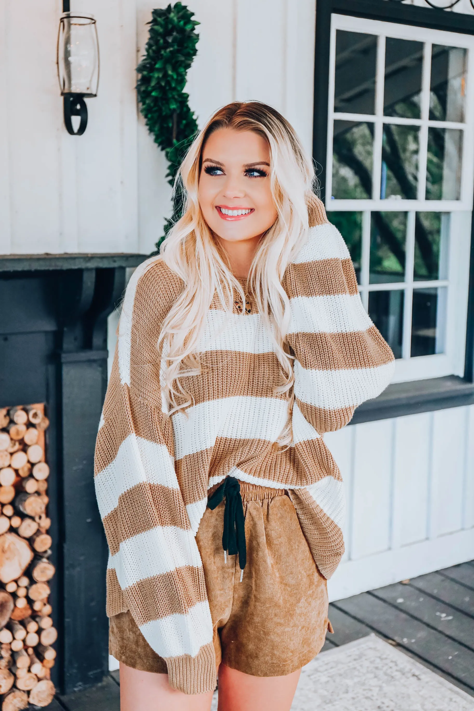 Puff Sleeve Striped Sweater - Beige