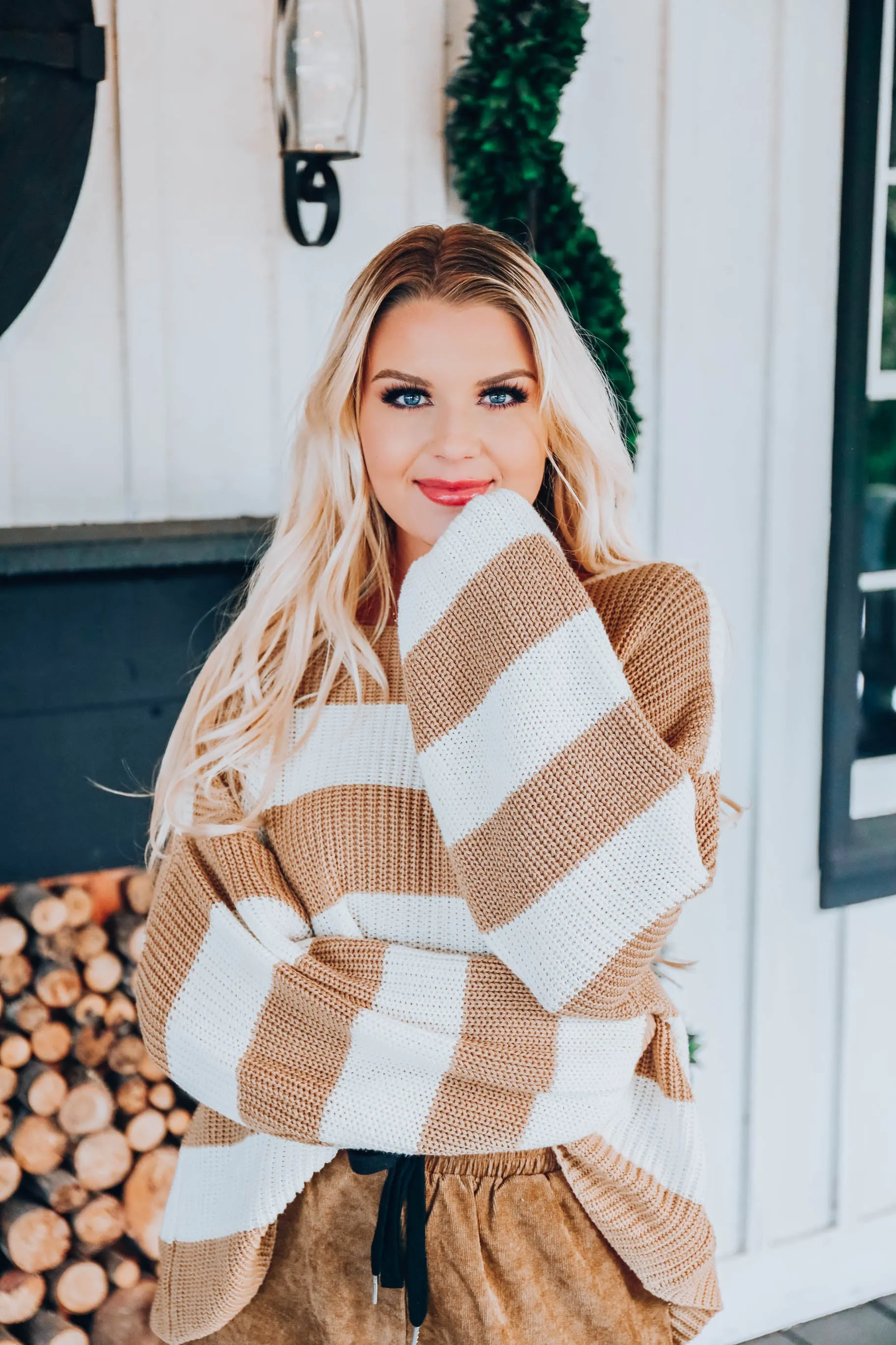 Puff Sleeve Striped Sweater - Beige