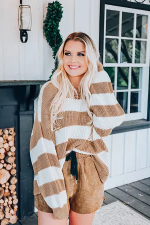 Puff Sleeve Striped Sweater - Beige