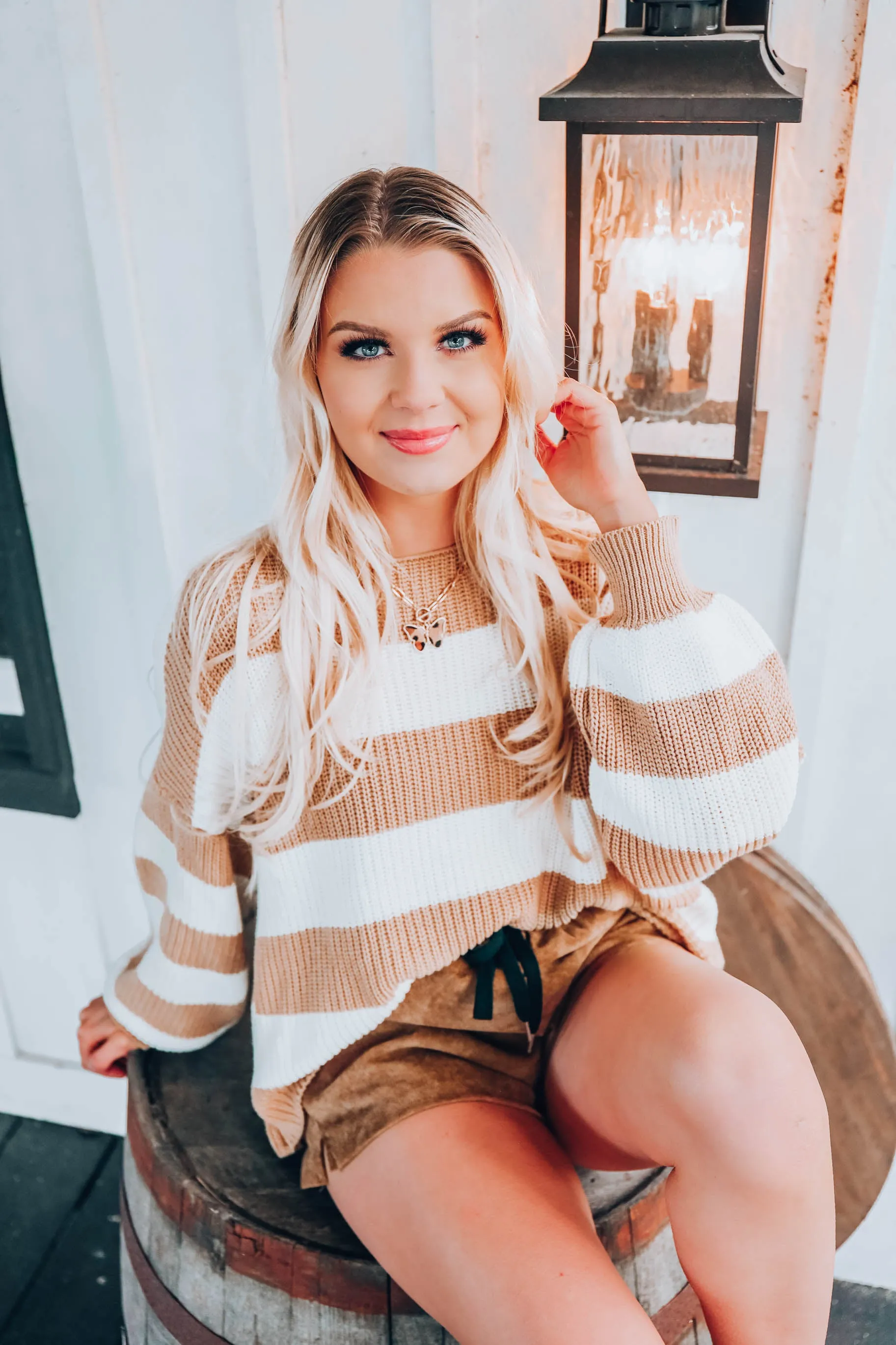 Puff Sleeve Striped Sweater - Beige