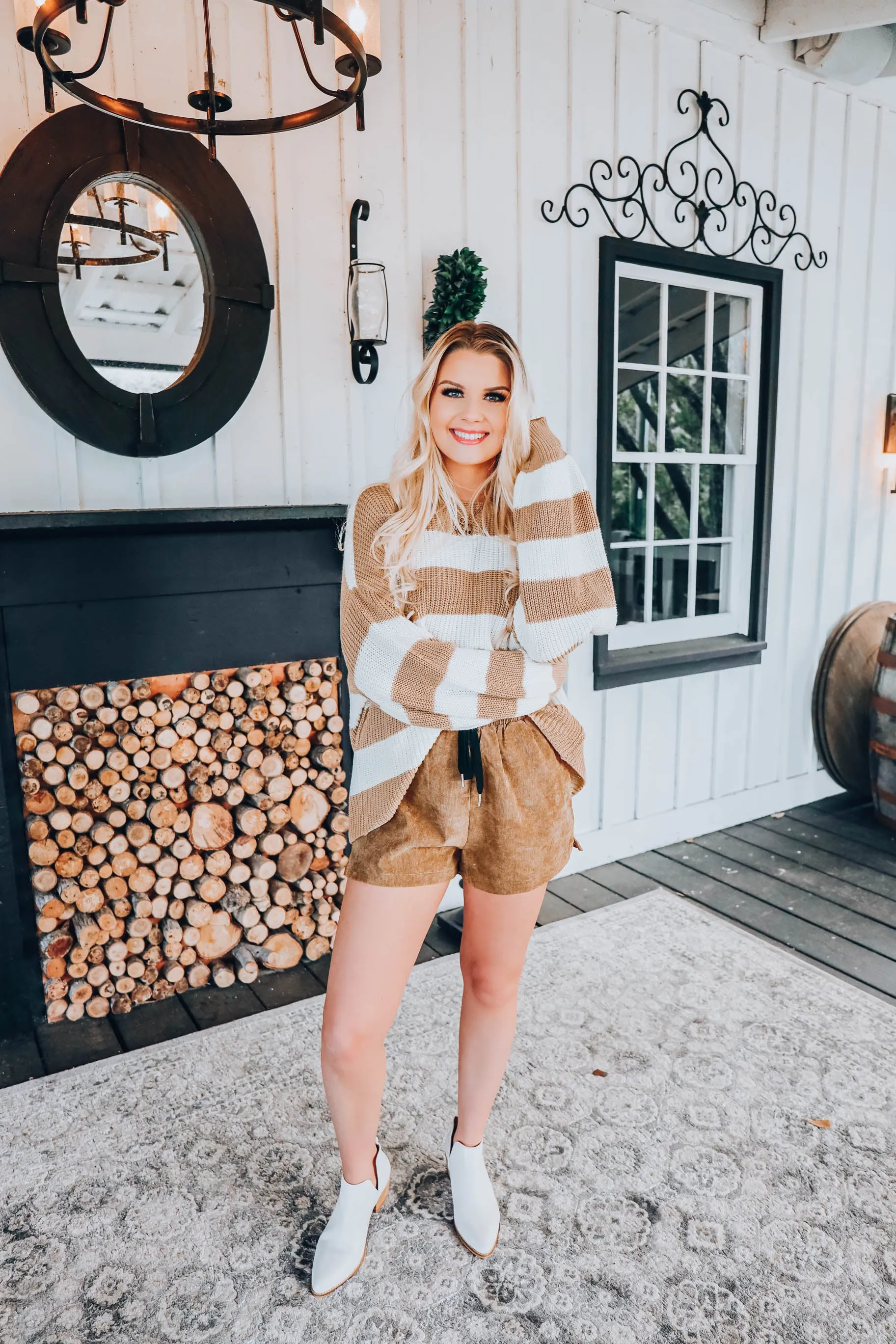 Puff Sleeve Striped Sweater - Beige