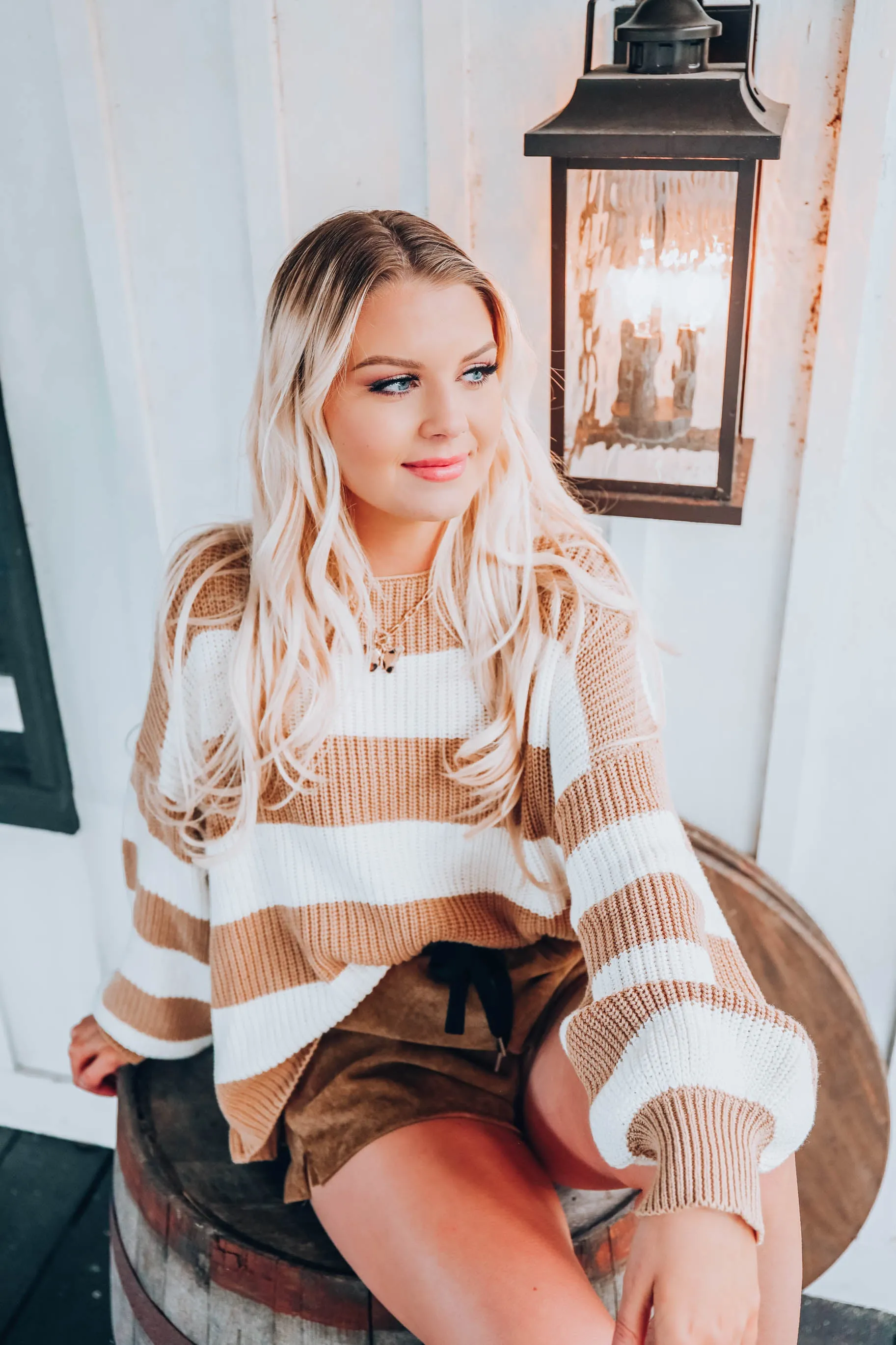Puff Sleeve Striped Sweater - Beige