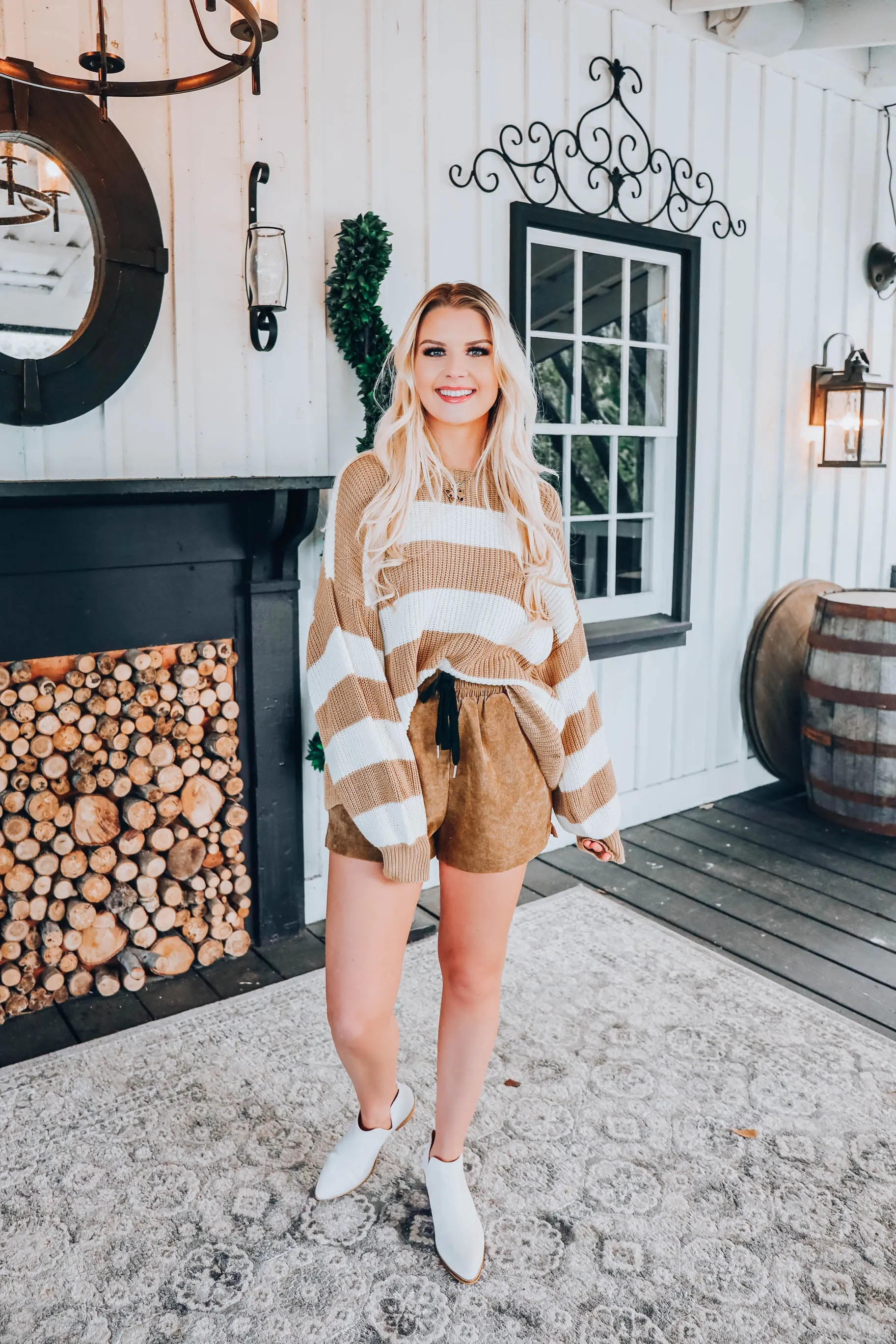 Puff Sleeve Striped Sweater - Beige
