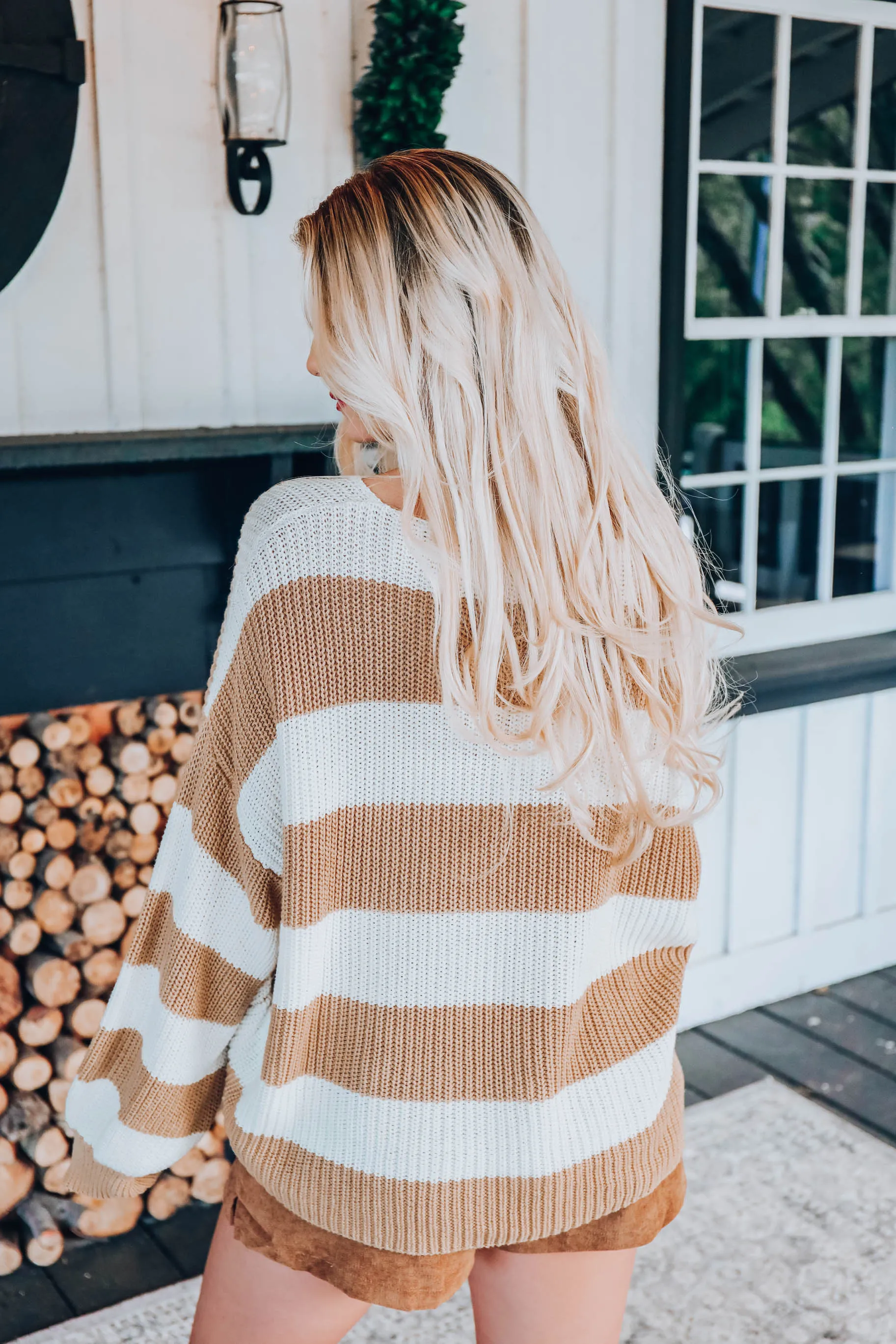 Puff Sleeve Striped Sweater - Beige