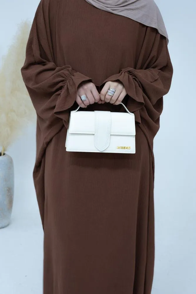 Radwa batwing abaya with ruched sleeve and loose cut in coffee