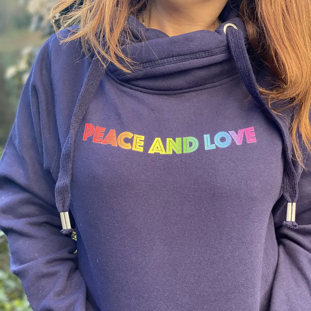 Rainbow Peace and Love Cowl Neck Hoodie in Navy