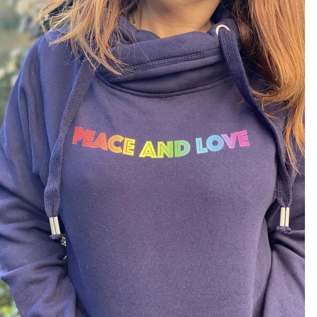 Rainbow Peace and Love Cowl Neck Hoodie in Navy