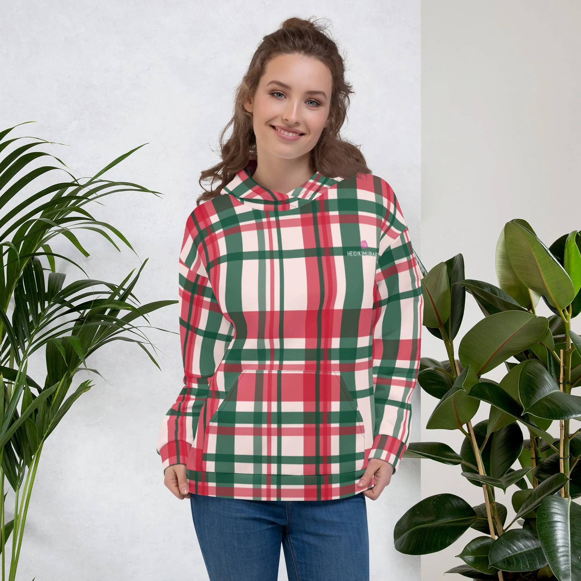 Red Green Plaid Print Hoodie, Plaid Print Unisex Soft Fleece Designer Hoodie- Made in USA/MX/EU
