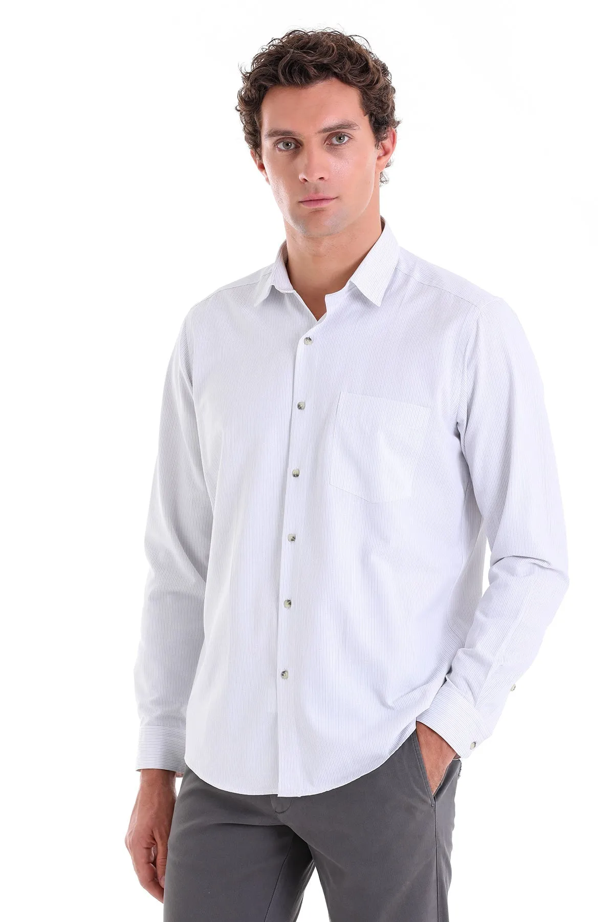 Regular Fit Striped Cotton Blend Gray Dress Shirt