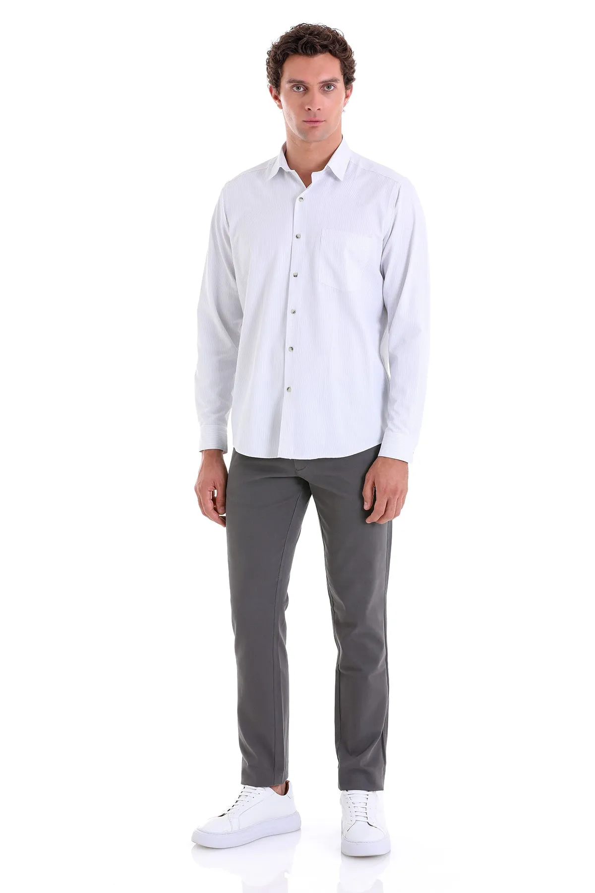 Regular Fit Striped Cotton Blend Gray Dress Shirt