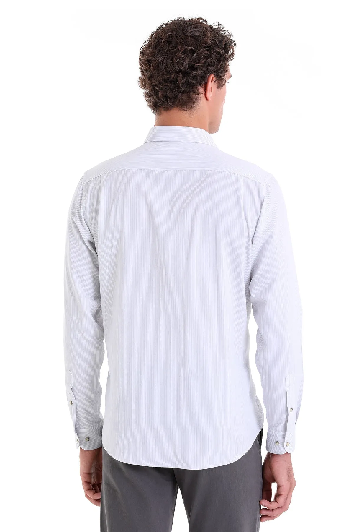 Regular Fit Striped Cotton Blend Gray Dress Shirt