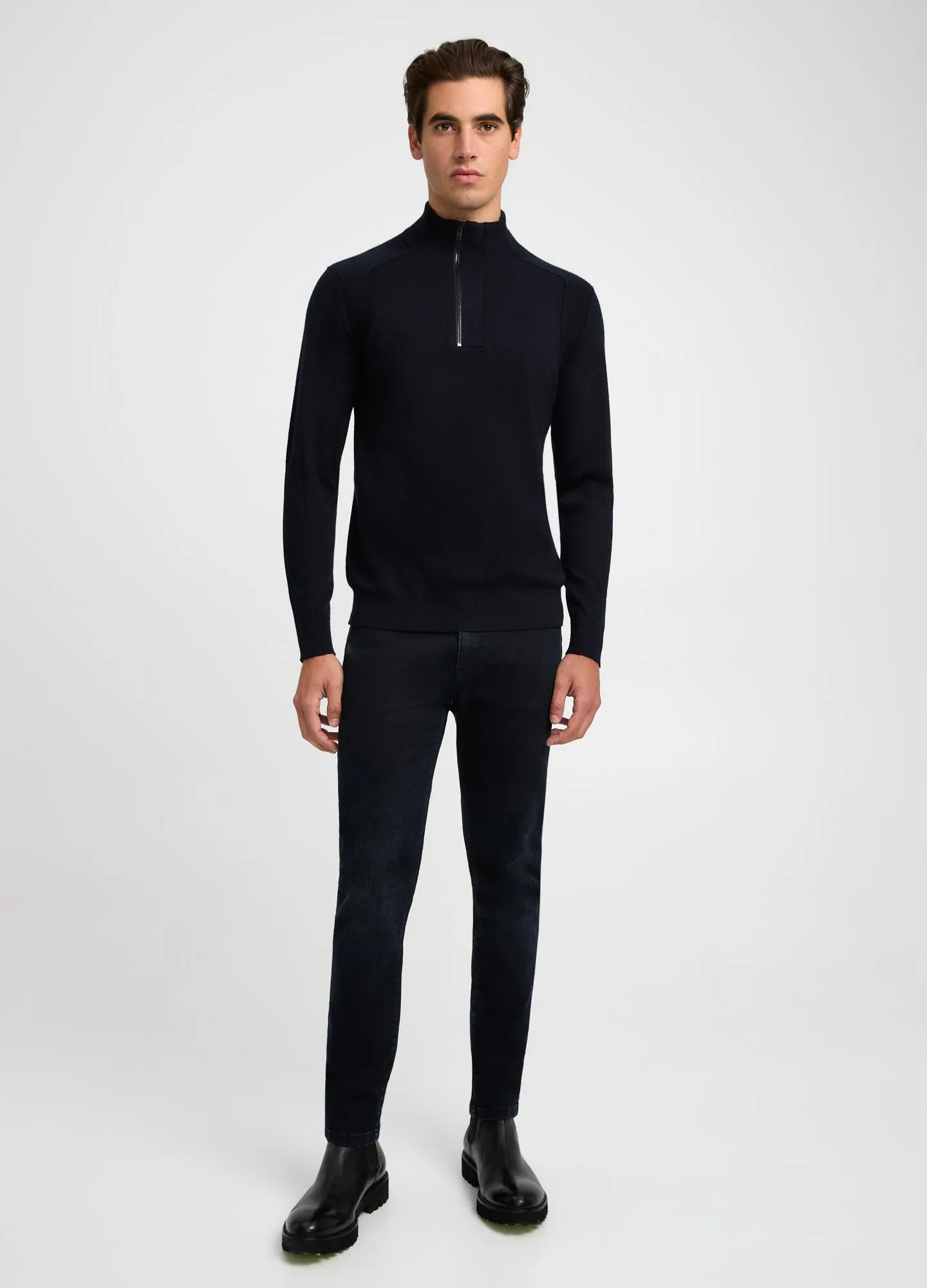Rib Panel Funnel Neck Sweater Navy