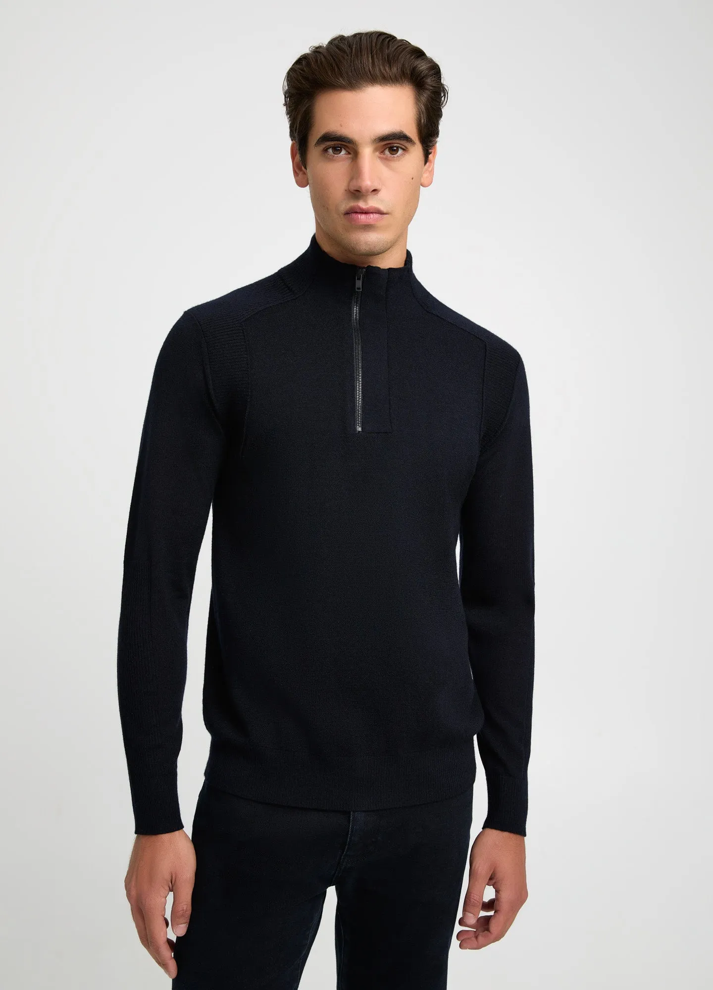 Rib Panel Funnel Neck Sweater Navy