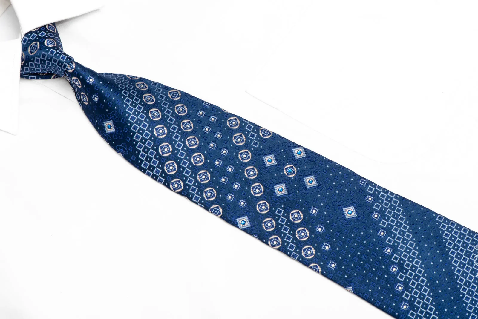Silver Geometric On Blue Rhinestone Silk Necktie